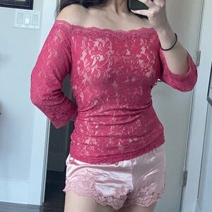 Y2K Salmon pink lace off the shoulder fitted stretchy top